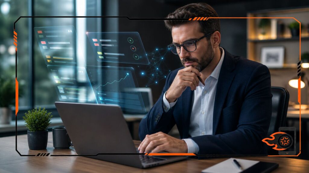 Profissional de negócios trabalhando em um notebook em escritório moderno, analisando painéis digitais holográficos com gráficos e indicadores de desempenho. Ambiente corporativo sofisticado, iluminação cinematográfica e moldura tecnológica preta e laranja ao redor da imagem.