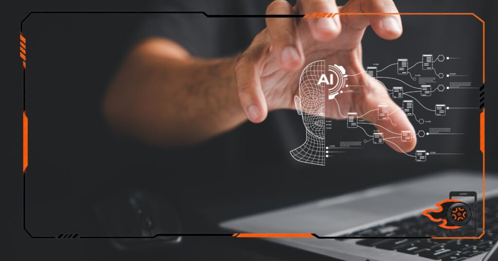 Mão de uma pessoa interagindo com uma interface holográfica de inteligência artificial acima de um notebook, em ambiente escuro e moderno, com iluminação cinematográfica e elementos tecnológicos futuristas.