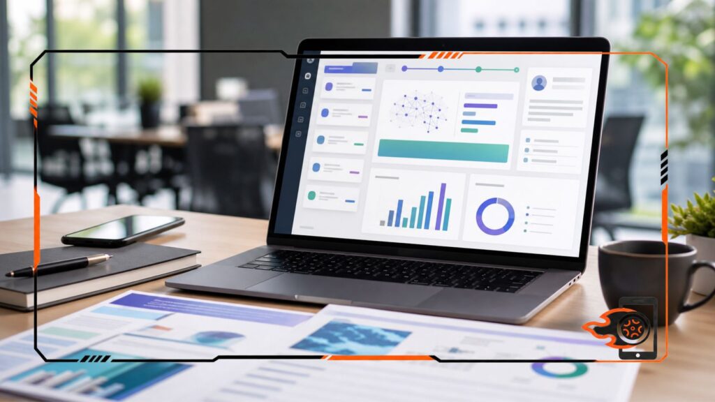 Notebook com interface de inteligência artificial para propostas comerciais, documentos impressos, celular e itens de trabalho em uma mesa de escritório.