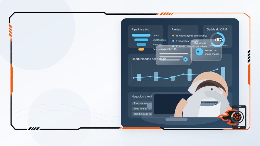 Ilustração de um painel de CRM com gráficos e indicadores de desempenho ao fundo, enquanto um personagem utiliza um notebook. A composição possui moldura tecnológica em tons de preto e laranja, com amplo espaço livre à esquerda para inserção de conteúdo.
