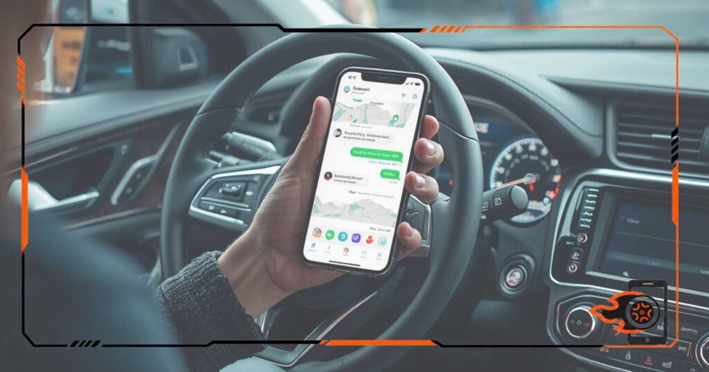 Pessoa segurando um smartphone com aplicativo de mobilidade aberto dentro de um carro moderno, com volante e painel ao fundo. A imagem possui moldura tecnológica em preto e laranja.