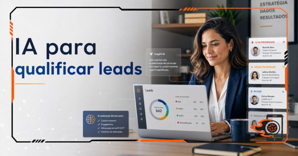 Profissional trabalhando em um notebook com painel de análise de leads exibido na tela, enquanto elementos visuais de inteligência artificial mostram classificação automática de contatos por prioridade em um ambiente corporativo moderno.