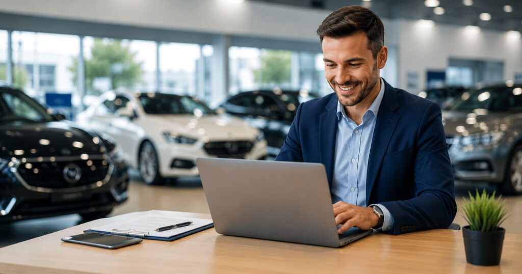 Vendedor de carros utilizando inteligência artificial em tablet dentro de concessionária para analisar dados, qualificar leads e aumentar vendas automotivas.