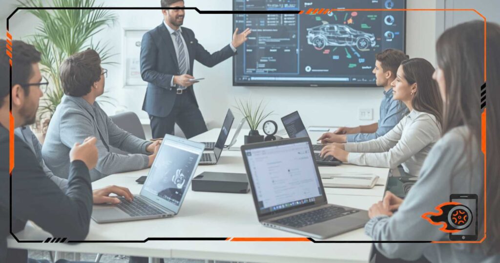 Equipe corporativa participando de uma reunião estratégica com apresentação de tecnologia em uma sala moderna, utilizando notebooks e painel digital com visualização técnica.