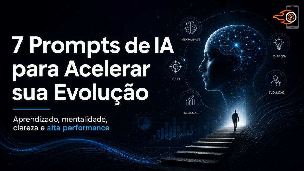 Arte digital sobre inteligência artificial e desenvolvimento pessoal, mostrando um perfil humano formado por conexões neurais luminosas, uma escadaria iluminada com uma pessoa caminhando em direção à luz e elementos gráficos relacionados a foco, clareza, mentalidade, sistemas e evolução.
