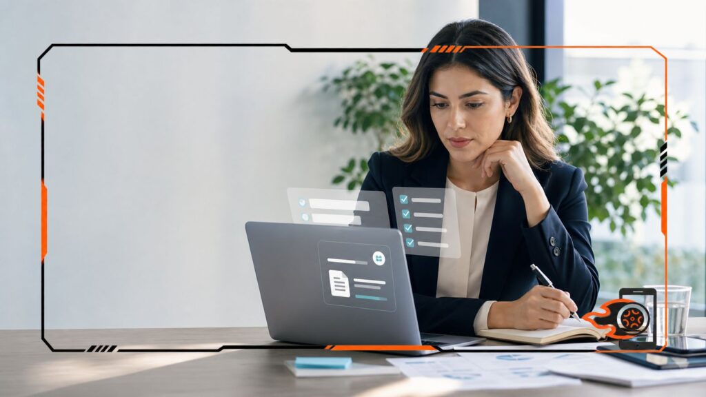 Profissional em ambiente corporativo analisando informações em um notebook, com elementos visuais digitais representando listas de verificação, formulários e automação de processos.