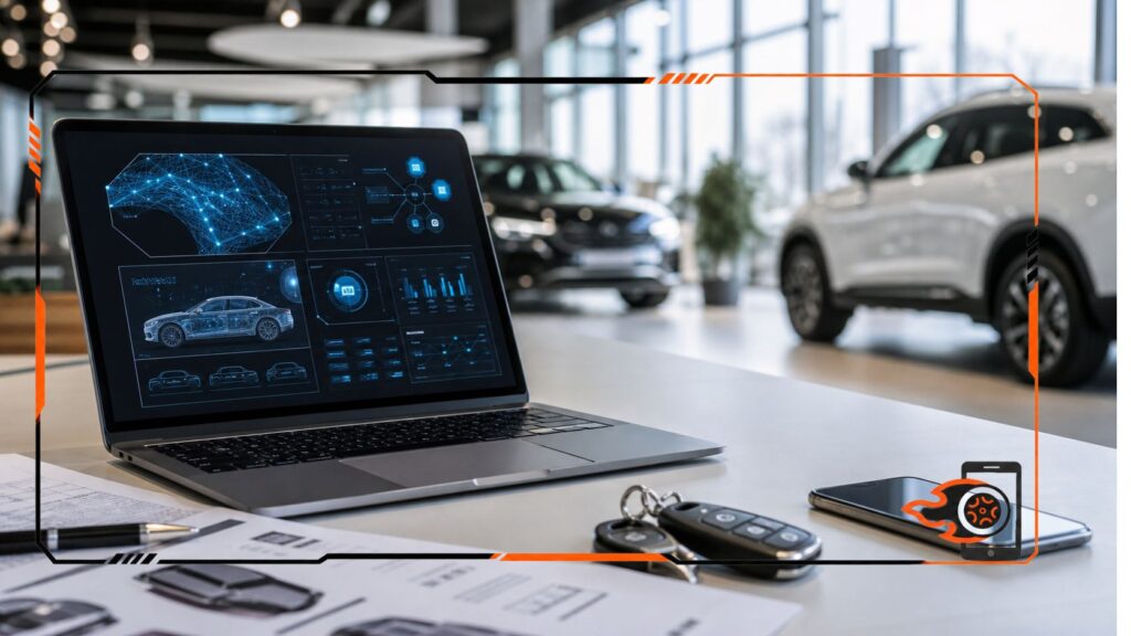 Notebook em mesa de loja automotiva com chaves, documentos e interface de inteligência artificial, com carros ao fundo.
